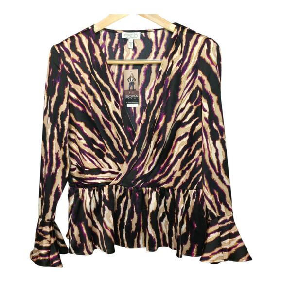 Sofia Vergara Sofia Jeans Zebra Print Blouse Size Large Faux Wrap Flare Sleeve - Picture 1 of 11